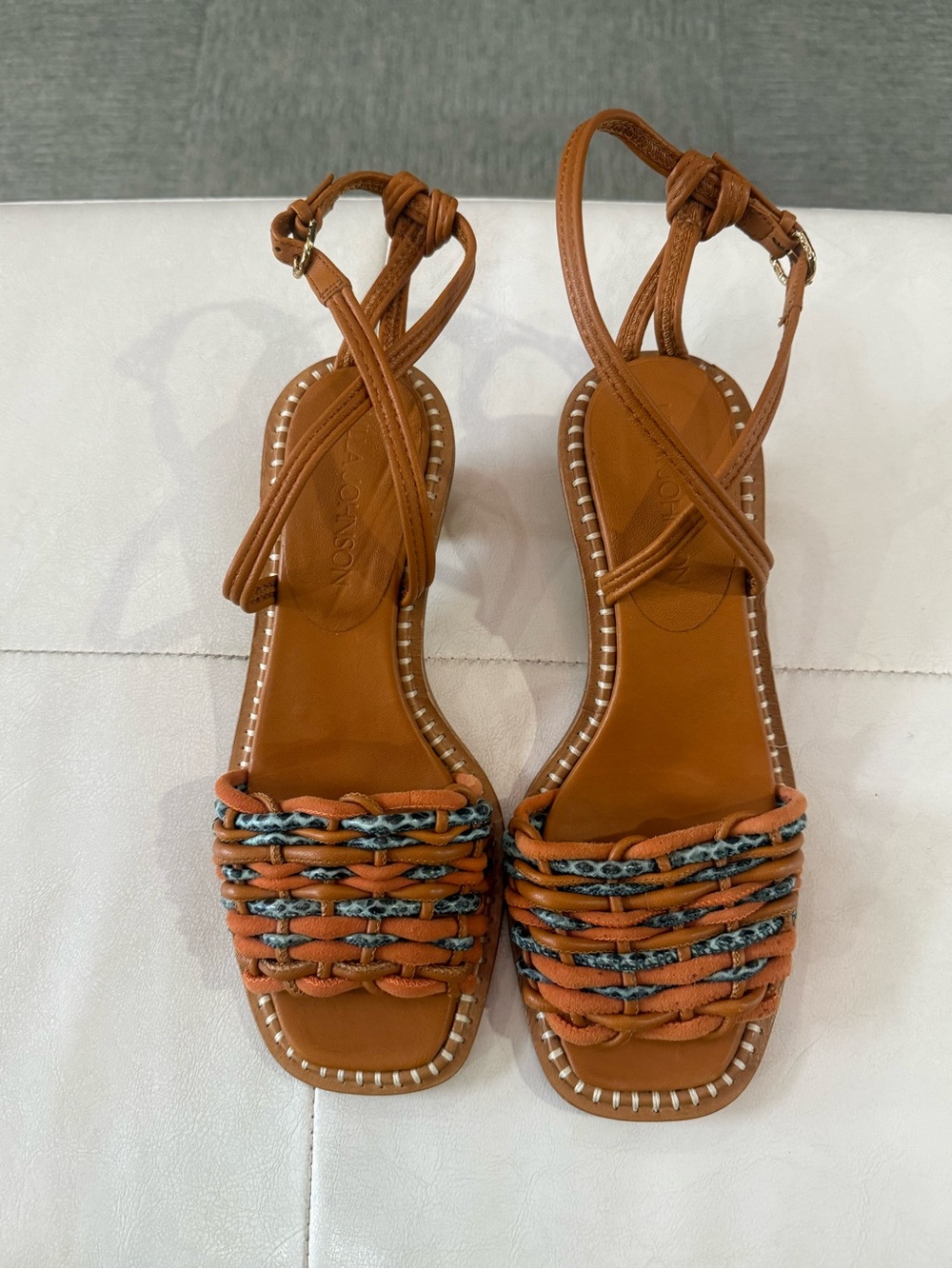 Ulla Johnson Tan Leather Woven Sandals with Blue Braided Detail